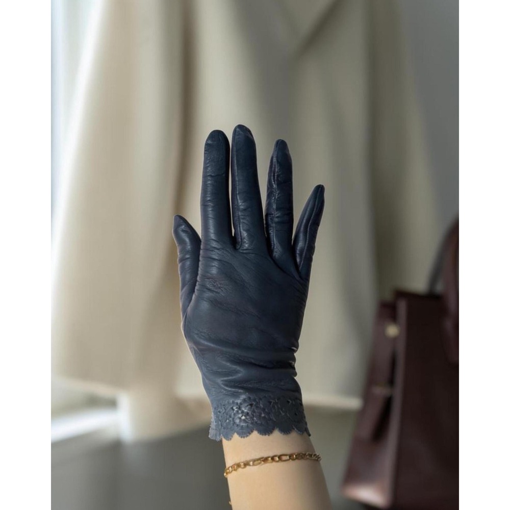 Vintage Navy Leather Driving Gloves - Womens XS/S Scalloped Cutwork Dress Gloves